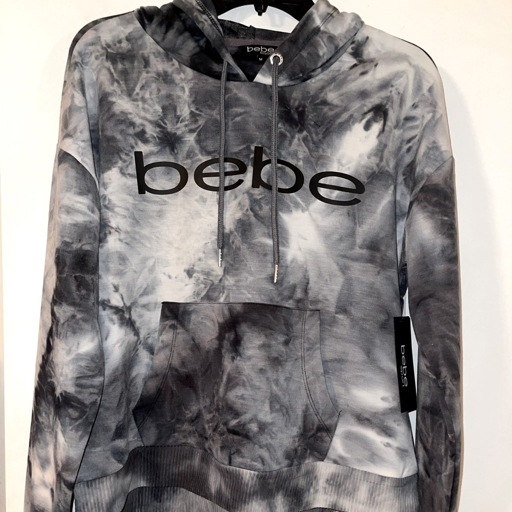 ✨HP✨ NWT “BEBE SPORT” SOFT BLACK & GREY TIE-DYE PULLOVER HOODIE, LADIES MEDIUM - Picture 1 of 7